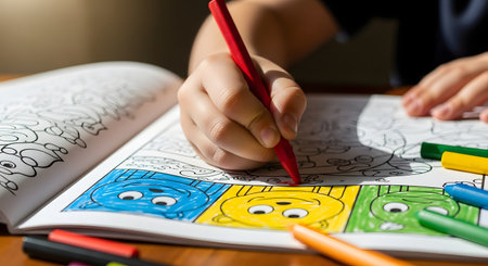 A close-up shot of a child's hand holding a red marker and coloring in a coloring book. The child is carefully filling in a cartoon drawing, with other colorful markers (blue, green, yellow) scattered on the wooden table. This image represents childhood creativity, learning, and play.の素材