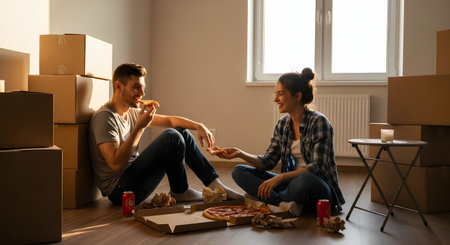 A happy young couple takes a break from moving, sitting on the floor of their new, empty apartment surrounded by cardboard boxes. They are smiling and eating pizza, celebrating their new beginning.の素材