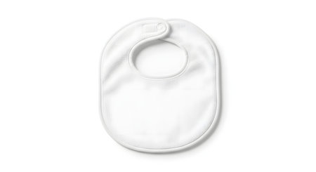 A clean, blank white terry cloth baby bib, shown flat-lay from a top-down perspective and isolated on a white background. The bib has a snap closure at the top. This is a perfect mockup for adding a custom design, logo, or text.の素材