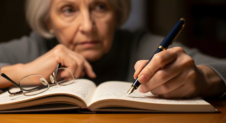 A close-up, focused shot on the hand of an elderly woman holding a fountain pen and writing in a journal. Her face is visible but blurred in the background, showing a look of concentration. A pair of glasses rests beside the open book on the wooden table.の素材
