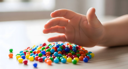 A close-up shot of a small child's hand reaching towards a pile of small, colorful plastic beads on a wooden table. The image evokes concepts of play, motor skills, and childhood development.の素材