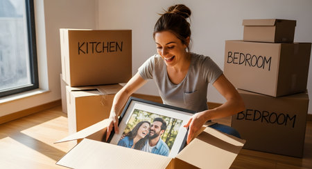 A happy young woman smiles as she unpacks a framed photo of a couple from a cardboard box. She is sitting on the floor of her new home, surrounded by other moving boxes labeled 'KITCHEN' and 'BEDROOM', indicating a fresh start and moving day.の素材
