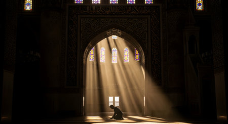 A silhouetted man kneels in prayer inside a grand mosque, positioned directly under dramatic light rays streaming through stained glass windows. The intricate architecture of the mihrab and archways is visible in the shadows. The image evokes a sense of peace, devotion, and spirituality.の素材