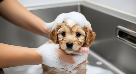 An adorable light brown puppy, possibly a Cockapoo or Goldendoodle, gets a bath. A person's hands are gently washing its head, which is covered in soap suds, while the puppy looks at the camera in a stainless steel sink.の素材