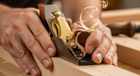 Close-up of a carpenter's hands using a block plane to smooth a wooden plank. A delicate, curling wood shaving emerges from the tool, showcasing the craft and precision of woodworking. The image highlights manual labor, craftsmanship, and carpentry.の素材