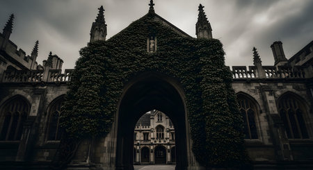 A low-angle shot of a large, ivy-covered stone archway leading into the courtyard of an old, Gothic-style building, possibly a university or monastery. The architecture features intricate spires and carvings. The sky is overcast and moody, creating a dramatic and slightly gloomy atmosphere.の素材