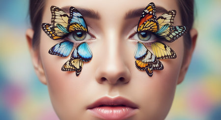 A close-up macro shot of a beautiful woman's face with elaborate, artistic eye makeup. Colorful butterfly wings are arranged around her eyes, resembling fantastical eyelashes. The look is creative, surreal, and high-fashion.の素材