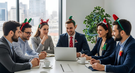 A diverse group of business colleagues wearing festive Christmas-themed headbands and hats during a meeting in a modern office. They are gathered around a laptop, smiling and collaborating. This image represents an office party, holiday celebration at work, and team spirit.の素材