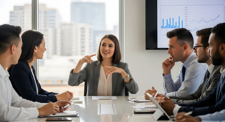 A diverse group of business professionals sits around a table in a modern conference room. A businesswoman at the head of the table is actively speaking and gesturing, leading the discussion. A screen in the background shows charts, suggesting a presentation or data analysis.の素材