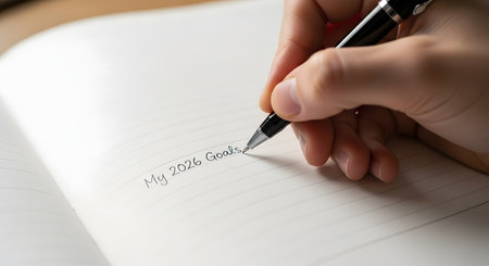 A close-up shot of a person's hand writing the words "My 2026 Goals" with a black pen on a lined notebook. This image represents planning, new year's resolutions, setting goals, and looking towards the future. The focus is on the text and the act of writing.の素材