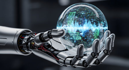 A detailed, metallic robot hand is shown holding a transparent glass orb. Inside the orb, a glowing blue and green digital network and cityscape are visible. This image symbolizes artificial intelligence, global technology, future innovation, and the digital age.の素材