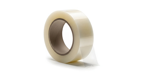 A studio shot of a large roll of clear, transparent adhesive packing tape on a cardboard core. The tape is isolated on a clean white background, with the end of the tape slightly unrolled. This object is used for sealing boxes, shipping, and office supplies.の素材