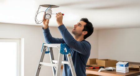 A man in a blue sweater stands on a metal stepladder, using a screwdriver to install or repair a new spotlight fixture in the ceiling. This image represents DIY home improvement, electrical work, and home renovation.の素材