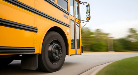 A low-angle, side view of a classic yellow school bus driving on a road, with motion blur on the wheels and the background. The green trees in the background are blurred, indicating speed and transport.の素材