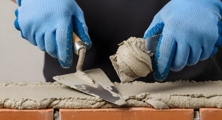 A close-up of a construction worker's hands in blue protective gloves, skillfully applying wet cement mortar to a row of red bricks. The worker uses one trowel to hold the mortar and another to spread it evenly, building a wall.の素材