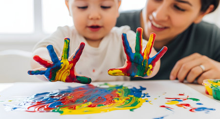 A close-up of a happy toddler's hands covered in colorful red, yellow, and blue paint from finger painting. The child is joyfully showing their messy hands, with a smiling mother watching in the blurred background. This represents creative play, early childhood development, and family fun.の素材