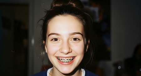 A close-up portrait of a happy teenage girl with brown hair in a bun, smiling widely and showing her dental braces. The lighting is direct, possibly from a flash, and the background is dark and indistinct. The image captures a moment of youthful joy and adolescence.の素材