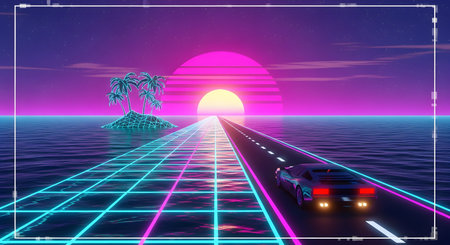 A futuristic 1980s-style sports car drives down a glowing neon grid highway towards a vibrant pink and yellow synthwave sun. The scene includes a wireframe island with palm trees on a reflective ocean. This image captures the essence of retrowave, vaporwave, and 80s nostalgia.の素材