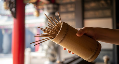 A person's hand holds a bamboo tube filled with fortune-telling sticks, shaking them inside a traditional Asian temple. The blurred background shows the red pillars and intricate architecture of the temple. This image represents culture, tradition, and seeking good fortune.の素材