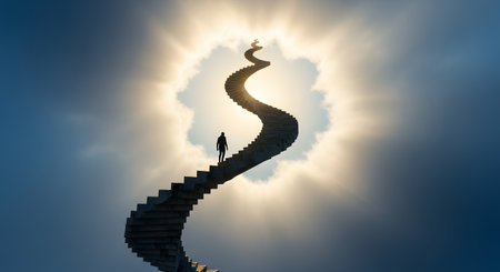 A silhouette of a man walking up a winding staircase that leads through an opening in the clouds towards a bright, divine light. This conceptual image represents a spiritual journey, ascension, hope, faith, and the afterlife.の素材