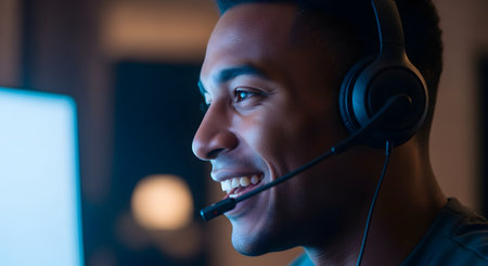 A close-up profile shot of a young, happy man wearing a gaming headset with a microphone. He is smiling brightly while looking at a computer monitor off-screen, lit by the blue light from the screen in a dark room. This image represents gaming, streaming, or call center work.の素材