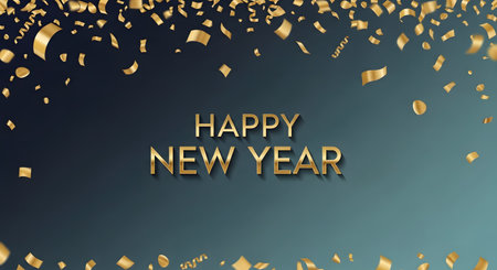 An elegant "Happy New Year" greeting in gold, metallic text on a dark teal-blue background. Gold confetti and ribbons are falling from the top and bottom, creating a festive and celebratory horizontal banner. This image is ideal for holiday cards, invitations, and web graphics.の素材