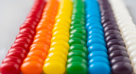 A macro, selective focus shot of jelly beans arranged in neat rows by color, forming a vibrant rainbow. The colors include red, orange, yellow, green, blue, purple, and white. The background is a plain, light surface.の素材