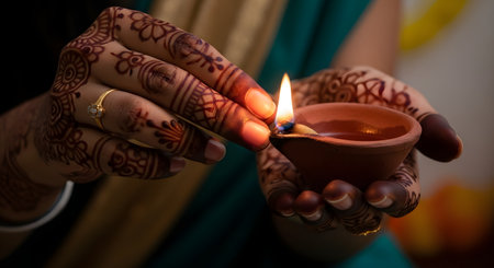 A close-up of a woman's hands, decorated with intricate henna tattoos, as she lights a traditional clay diya (oil lamp). The warm flame illuminates her fingers, representing Diwali, celebration, and Hindu tradition.の素材