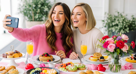 Two happy young women are taking a selfie with a smartphone while enjoying a colorful brunch together. They are laughing and smiling at the phone, sitting at a table filled with pancakes, avocado toast, mimosas, fruit, and flowers. This image represents friendship, social media, and enjoying a meal.の素材