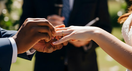 A close-up of a groom's hands placing a gold wedding band on the bride's finger during an outdoor wedding ceremony. The officiant is blurred in the background, signifying commitment and marriage.の素材