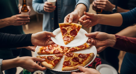 A group of friends share a large pepperoni pizza at a casual party or gathering. Many hands are reaching in to take slices from paper plates. One person in the background holds a beer bottle, indicating a social event.の素材
