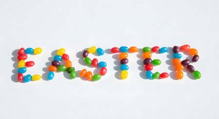 The word "EASTER" is spelled out using colorful, assorted jelly beans on a clean, bright white background. This simple and playful flat lay image represents the Easter holiday, candy, treats, and spring celebrations.の素材