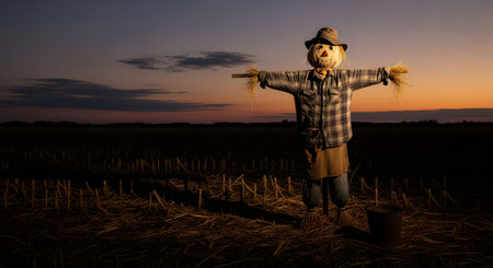 A classic scarecrow stands alone in a harvested farm field during a beautiful sunset. The scarecrow is wearing a plaid shirt, hat, and jeans, with its arms outstretched. The dusk sky shows warm colors, casting a long shadow from the scarecrow, evoking a sense of autumn and rural quiet.の素材