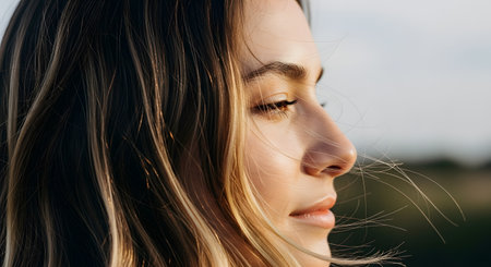 A close-up profile shot of a young woman's face, bathed in the warm, soft light of the golden hour. Her hair is blowing gently in the wind, and she has a serene, peaceful expression. The image evokes feelings of calm, mindfulness, and natural beauty.の素材