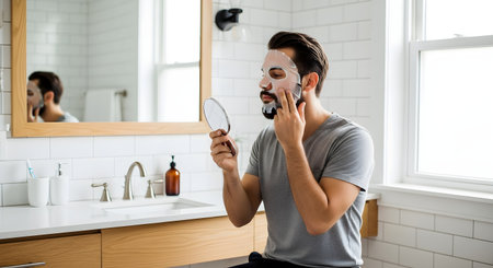 A bearded man is sitting in a modern, white-tiled bathroom, applying a white sheet mask to his face. He is looking into a small handheld mirror to position the mask correctly. This represents men's skincare, self-care, and grooming routines.の素材