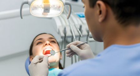 A male dentist, seen from behind, examines a female patient's open mouth using a dental mirror and another tool. The patient is in the dental chair under a bright examination light.の素材