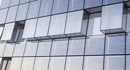 The modern glass facade of an office building, featuring a grid of large, reflective windows, some of which are open. The glass panels appear to have integrated photovoltaic cells. This image represents sustainable architecture, solar energy, and modern design.の素材