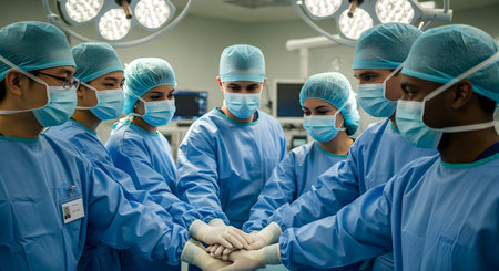A diverse team of surgeons and medical staff in full blue surgical scrubs, masks, and caps, stand in a huddle. They have their gloved hands stacked together in the center, showing teamwork and unity before an operation. The setting is a modern, well-lit operating room.の素材