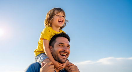 A happy, laughing little boy in a yellow shirt sits on his father's shoulders against a clear blue sky. The smiling father and son are enjoying a joyful, sunny day outdoors, representing fatherhood and family bonding.の素材