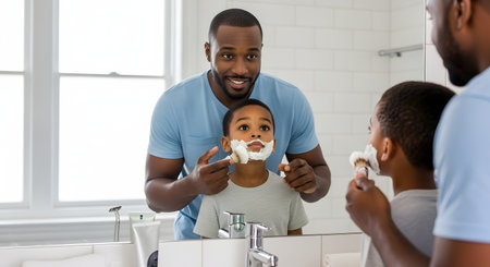 A loving Black father smiles as he playfully applies shaving cream to his young son's face with a brush in a bright bathroom. The boy looks up at his dad, sharing a happy, bonding moment while learning and imitating.の素材
