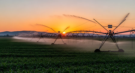 A center-pivot irrigation system is watering a lush green agricultural field at sunset. The sprinklers spray water over the crops as the sun sets on the horizon, casting a warm orange glow. This image represents modern farming, agriculture, and water usage.の素材