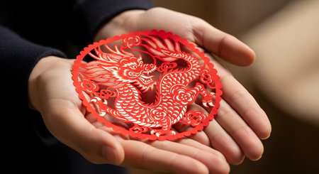 Close-up of a person's cupped hands holding a delicate, intricate red paper-cut (Jianzhi) of a dragon. The design is circular and features a traditional Chinese dragon, symbolizing good luck, power, and prosperity for the Chinese New Year, especially the Year of the Dragon.の素材