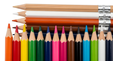 A collection of sharpened colored pencils is shown on a white background. A row of colorful pencils is in the foreground, with three larger pencils (natural wood, white, brown) layered behind them.の素材