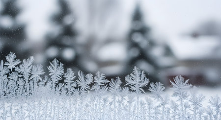 A close-up macro shot of intricate frost patterns and ice crystals forming on a cold window pane. The background is blurred, showing a snowy landscape with trees, creating a cold, serene winter atmosphere.の素材