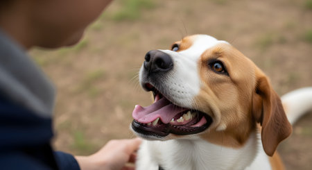 A close-up of a happy, brown and white dog looking up with an adoring and attentive expression at its owner, who is just visible in the foreground. The owner's hand is petting the dog. The image captures a moment of love, companionship, and the human-animal bond.の素材
