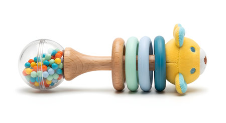 A colorful baby rattle toy isolated on a white background. The toy features a wooden handle, a transparent ball with small colorful beads, pastel-colored rings, and a yellow plush animal head.の素材