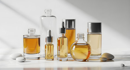 A sophisticated arrangement of various glass cosmetic bottles, including dropper and serum bottles, filled with golden-colored oils. The bottles are displayed on a white marble surface with soft, natural light and shadows, creating a clean, luxury beauty product mockup.の素材