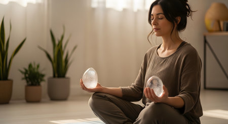 A woman with eyes closed sits in a meditation pose on the floor, holding two large, clear quartz crystal eggs or spheres in her palms. She is in a bright, tranquil room with houseplants in the background. This image represents crystal healing, spirituality, meditation, and wellness.の素材