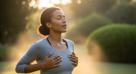 A serene African American woman stands outdoors in a park with her eyes closed and hands on her chest, taking a deep, mindful breath. The warm, golden light of the setting sun creates a halo effect around her, evoking a sense of peace, mindfulness, and well-being.の素材