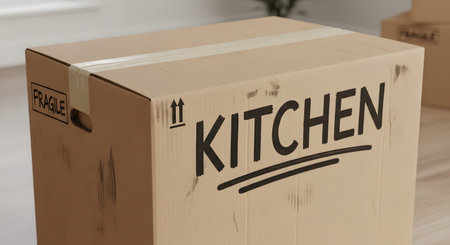 A brown cardboard moving box, taped shut, sits on the floor of a room. The box is clearly labeled 'KITCHEN' with a black marker, and also has 'FRAGILE' and 'THIS WAY UP' symbols, indicating relocation.の素材